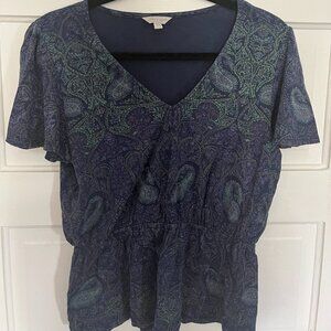 Lucky Brand Blue Paisley Patterned Short Sleeve Peplum Top